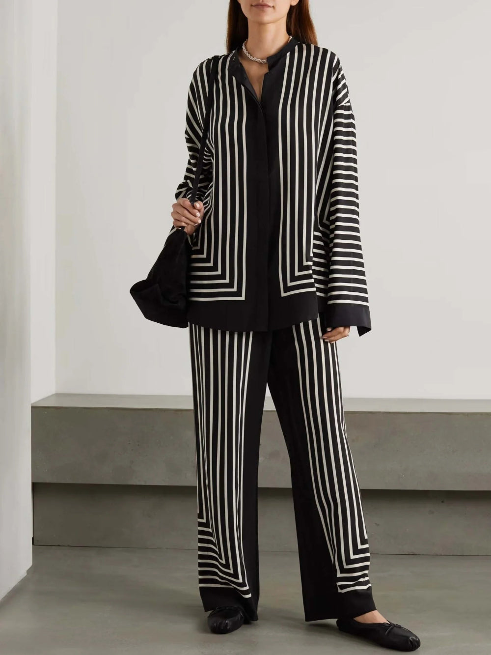 Satin Vintage Striped Loose Shirt Set