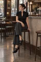 Zip Front Solid Slim Blouse