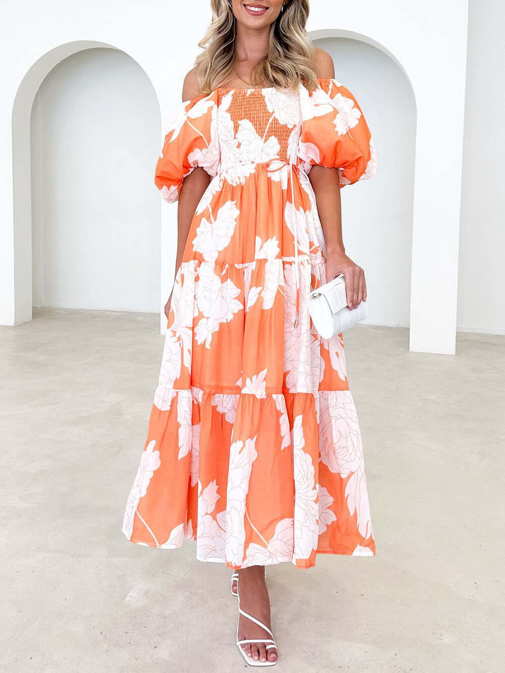 Elegant Floral Off-Shoulder Puff Sleeve Dress