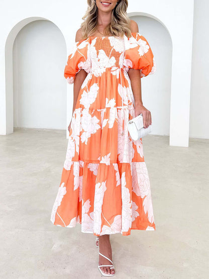 Elegant Floral Off-Shoulder Puff Sleeve Dress