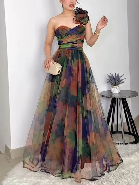 Sleeveless One-Shoulder Deep V Backless Evening Gown