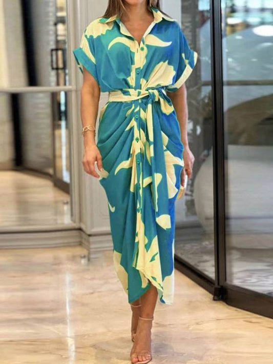Pleated Belted Short Sleeve Dress