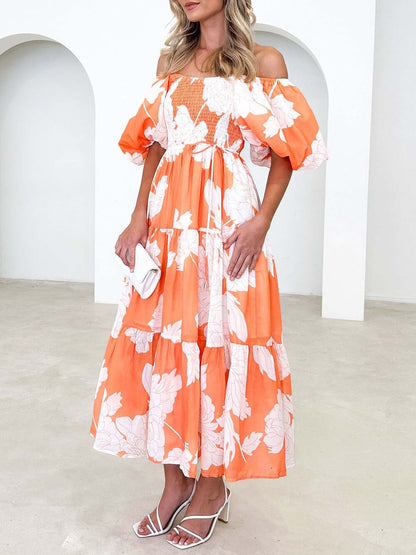 Elegant Floral Off-Shoulder Puff Sleeve Dress