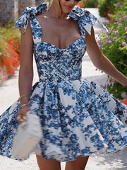 Printed Lace-Up Waist Slim Mini Dress