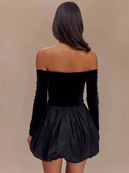 Long Sleeve Sexy Deep V Puff Mini Dress