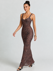 Leopard Mesh Cami Bodycon Jumpsuit Maxi Dress