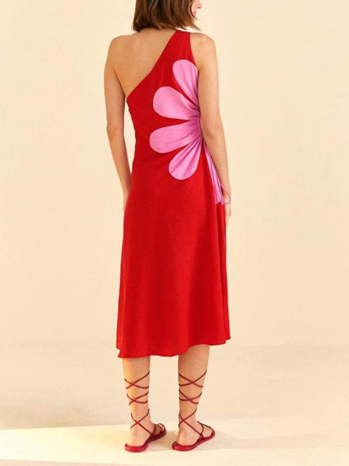 Floral Detail One-Shoulder Fitted A-Line Dress