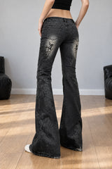 Vintage Plant Print Flared Jeans