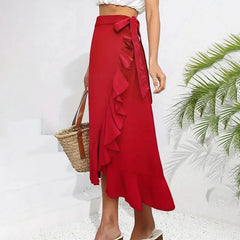 Red High Waist Boho Midi Skirt