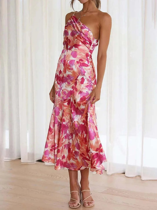 Pink Floral One-Shoulder Ruched Satin Dress