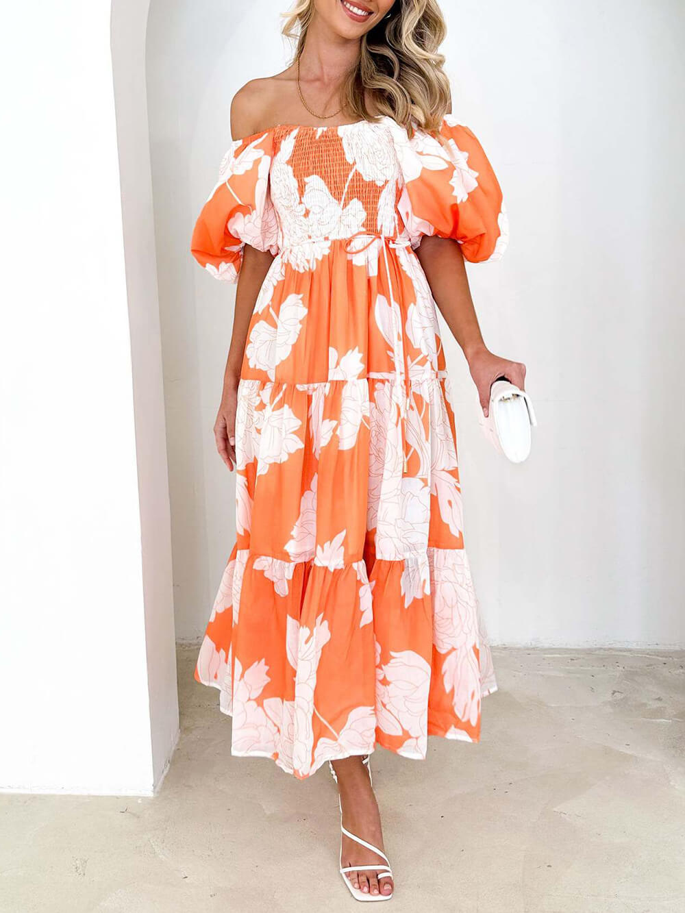 Elegant Floral Off-Shoulder Puff Sleeve Dress