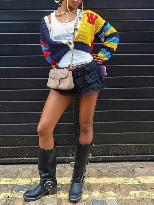 Letter Print V-Neck Knit Cardigan