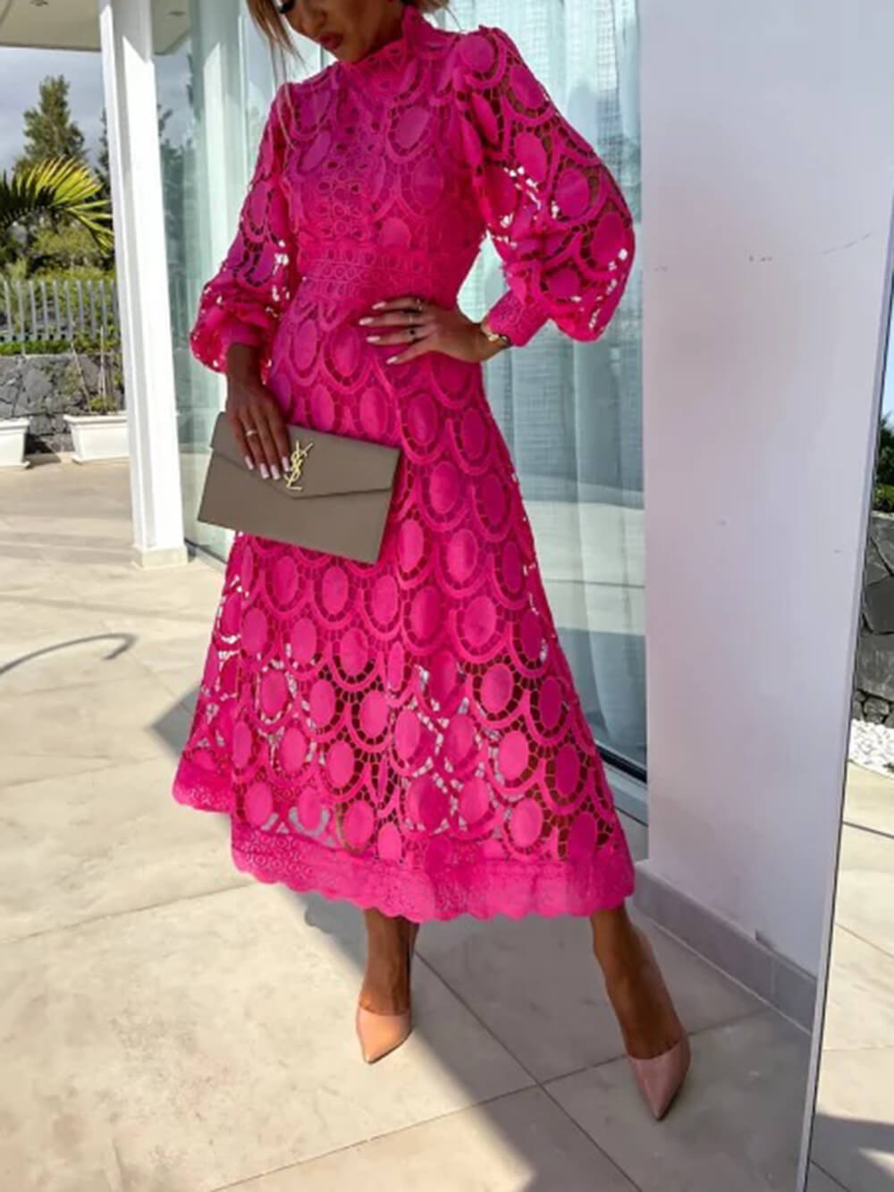 Lace Stand Collar Puff Sleeve Dress