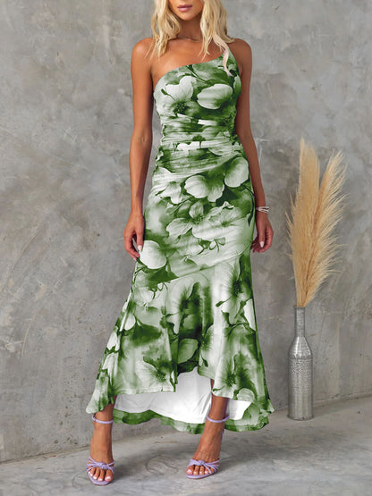 Casual Off-Shoulder Floral Print Elastic Slim Irregular Dress
