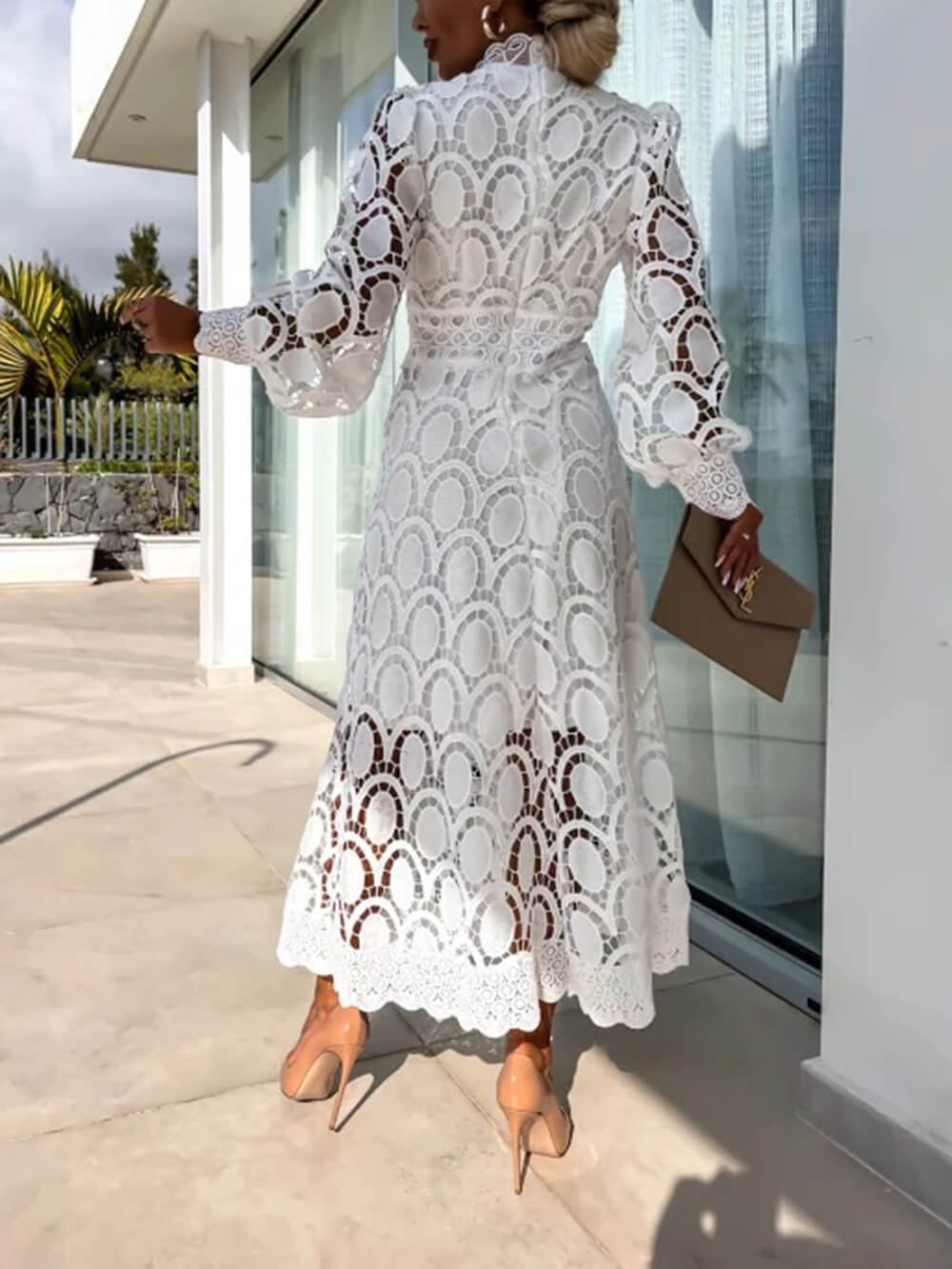 Lace Stand Collar Puff Sleeve Dress