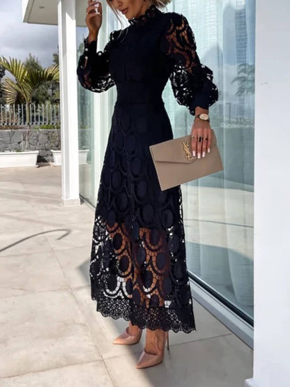 Lace Stand Collar Puff Sleeve Dress