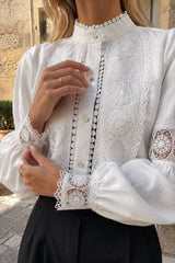 Lace Paneled Lantern Sleeve Blouse