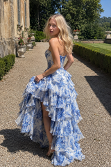 Strapless Floral Print Ruched Elegant Slim Prom Dress