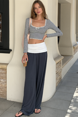Striped Lace Trim Top and Foldover Pants Set