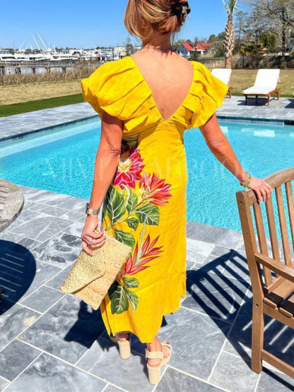 V-neck Pleated Printed Dress