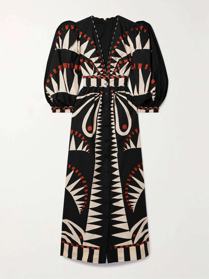 Coconut Jungle Print Puff Sleeve Midi Dress