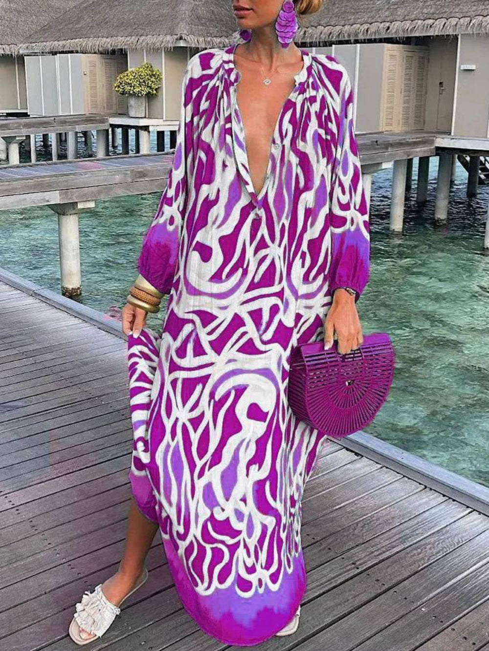 V-Neck Sexy Loose Long Sleeve Floral Dress