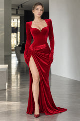 Elegant Evening Gloves Sleeve Velvet Slit Maxi Dress