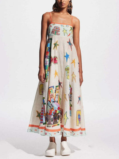 Graffiti Print Suspender Long Swing Unique Midi Dress