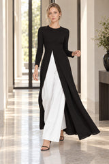 Elegant Long Dress with Slit - Solid Color