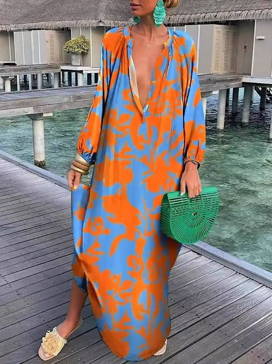 V-Neck Sexy Loose Long Sleeve Floral Dress