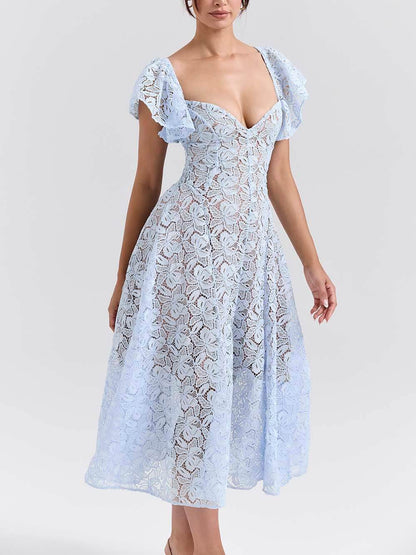 Romantic Bluebell Lace Butterfly Sleeve Sweetheart Neck Dress