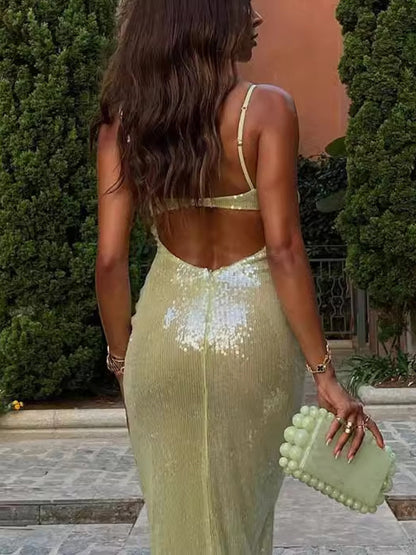 Sexy Cami Backless Fitted Sequin Gown