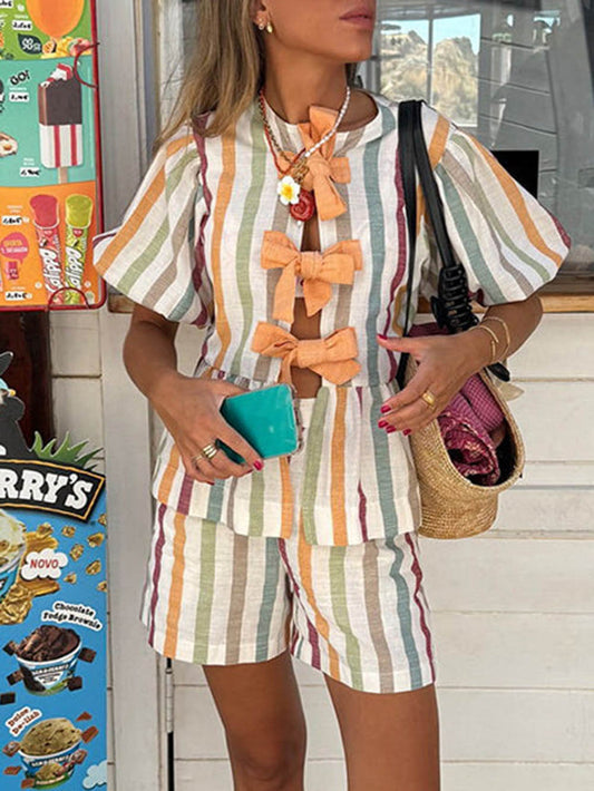 Striped Puff Sleeve Top and Shorts Set