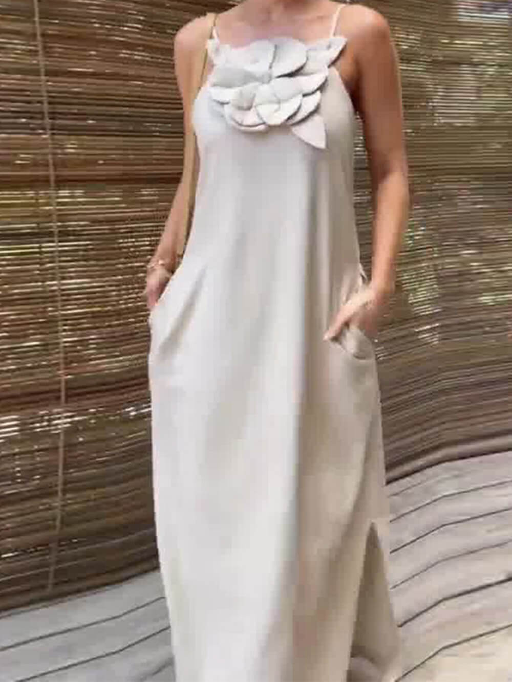 Floral Embellishment Pocketed Slit Dress