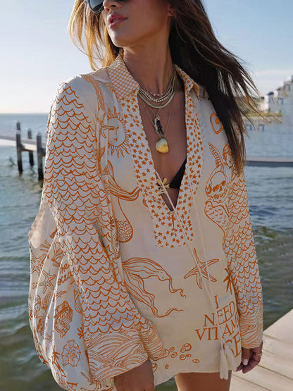 Satin Print Shirt Shorts Set