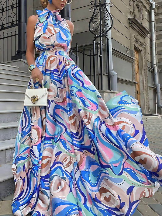 Chiffon Blue High-Waist Floral Dress