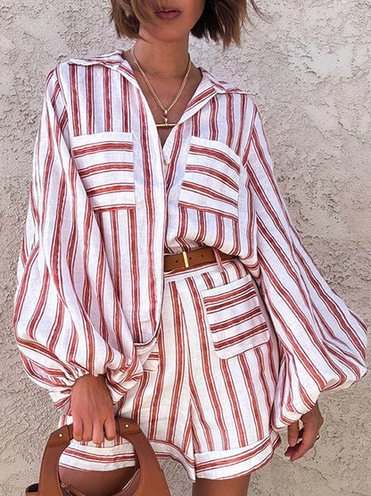 Striped Print Shirt & Shorts Set