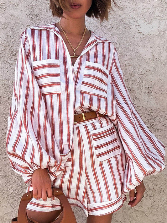 Striped Print Shirt & Shorts Set