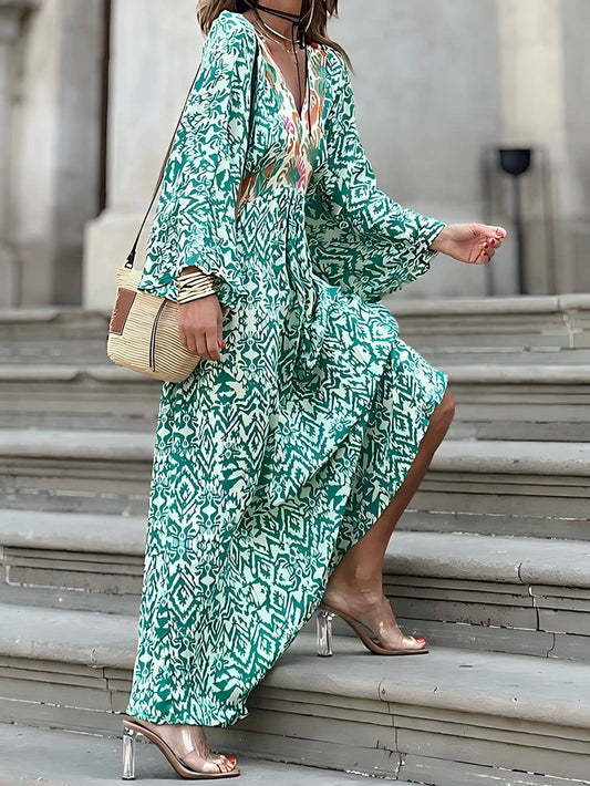 V-Neck Long Sleeve Printed Dress