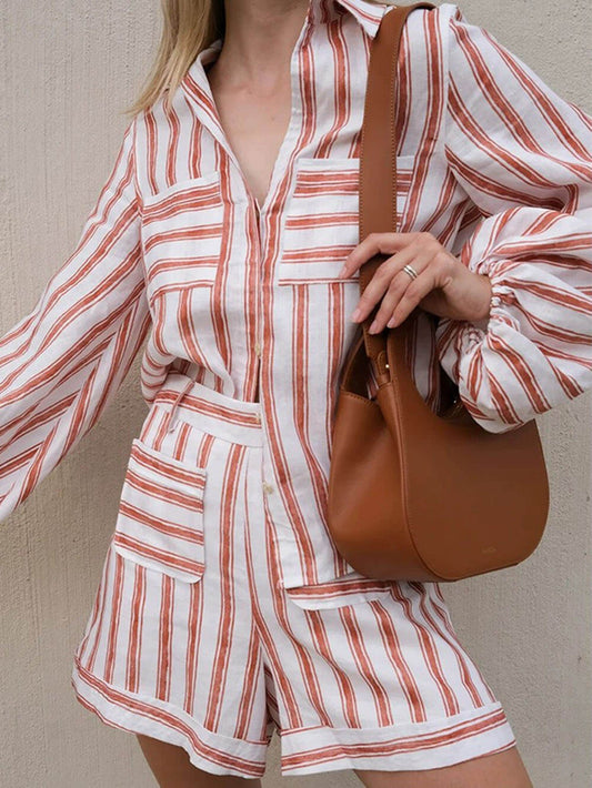Striped Print Shirt & Shorts Set