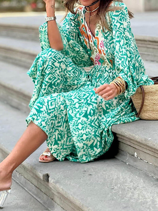 V-Neck Long Sleeve Printed Dress