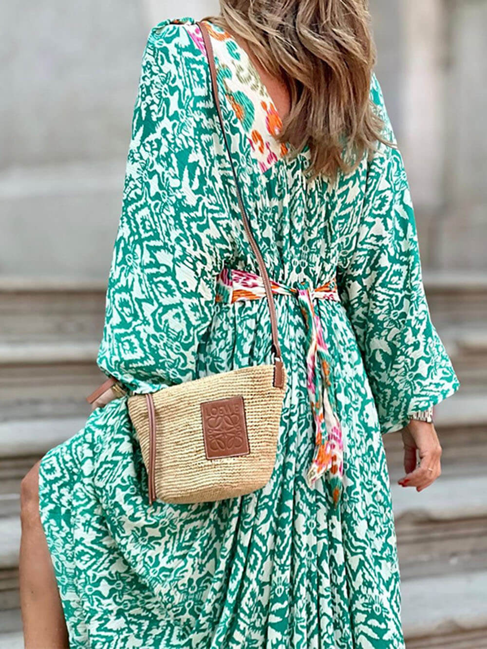 V-Neck Long Sleeve Printed Dress