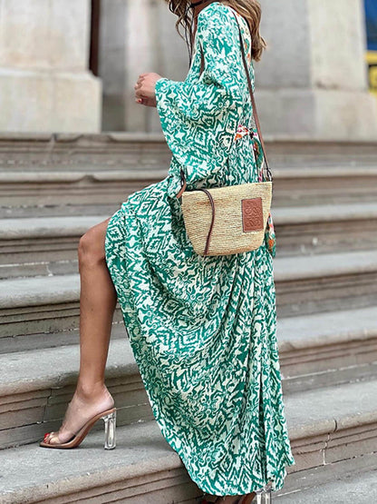 V-Neck Long Sleeve Printed Dress