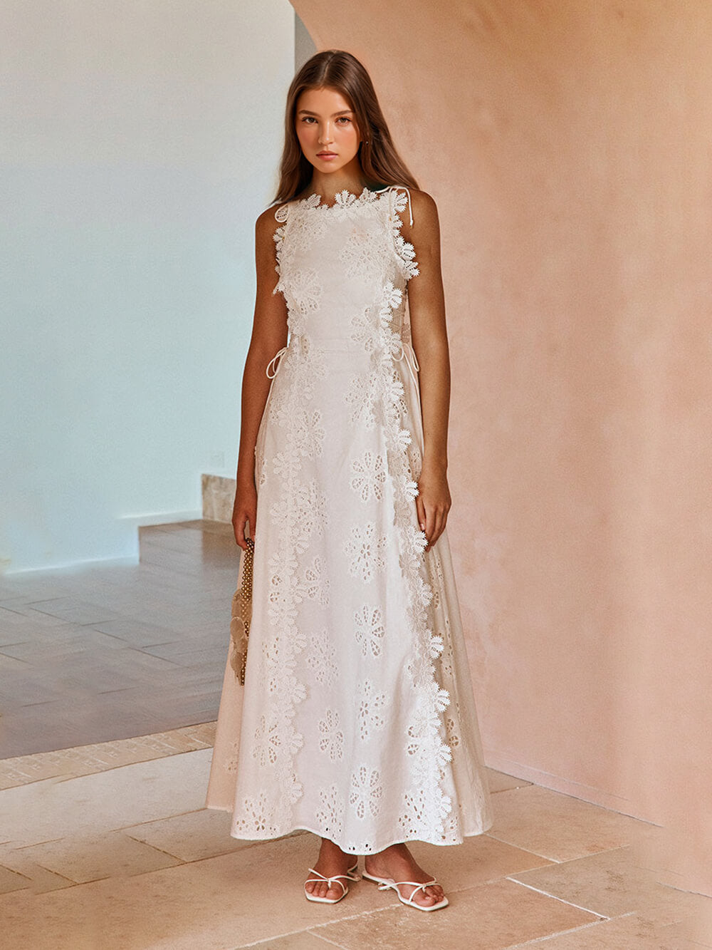 Lace Trim Embroidered Tie Dress