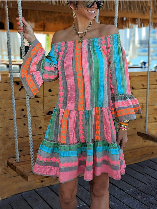 Linen Blend Vibrant Ethnic Off Shoulder Party Dress