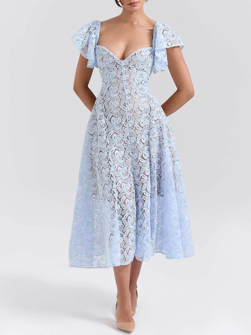 Romantic Bluebell Lace Butterfly Sleeve Sweetheart Neck Dress