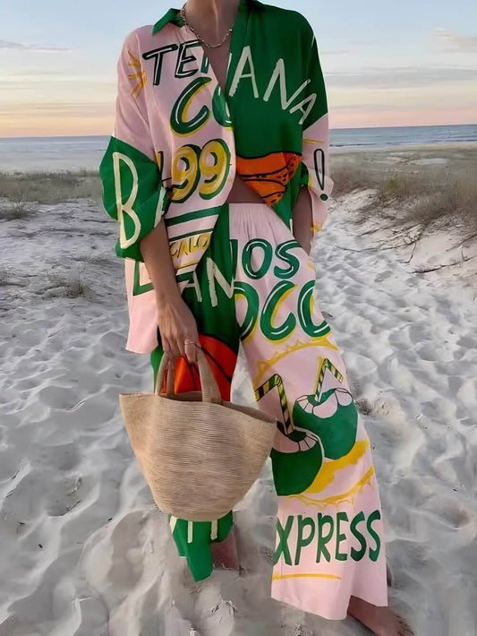 Pink Green Patchwork Print Holiday Set