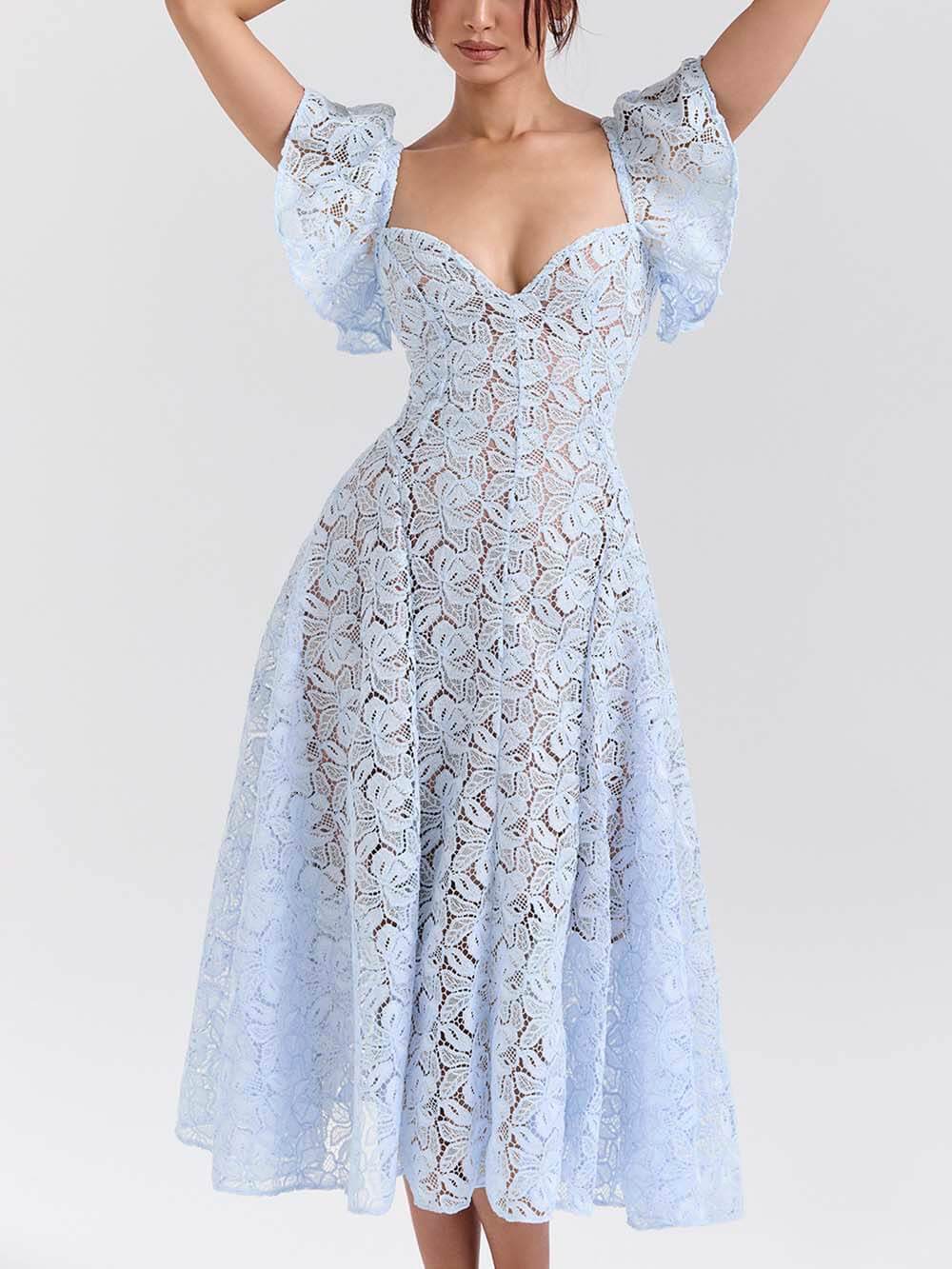 Romantic Bluebell Lace Butterfly Sleeve Sweetheart Neck Dress