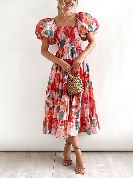 Floral Printed Smocked Tiered Fit-and-Flare Midi Dress