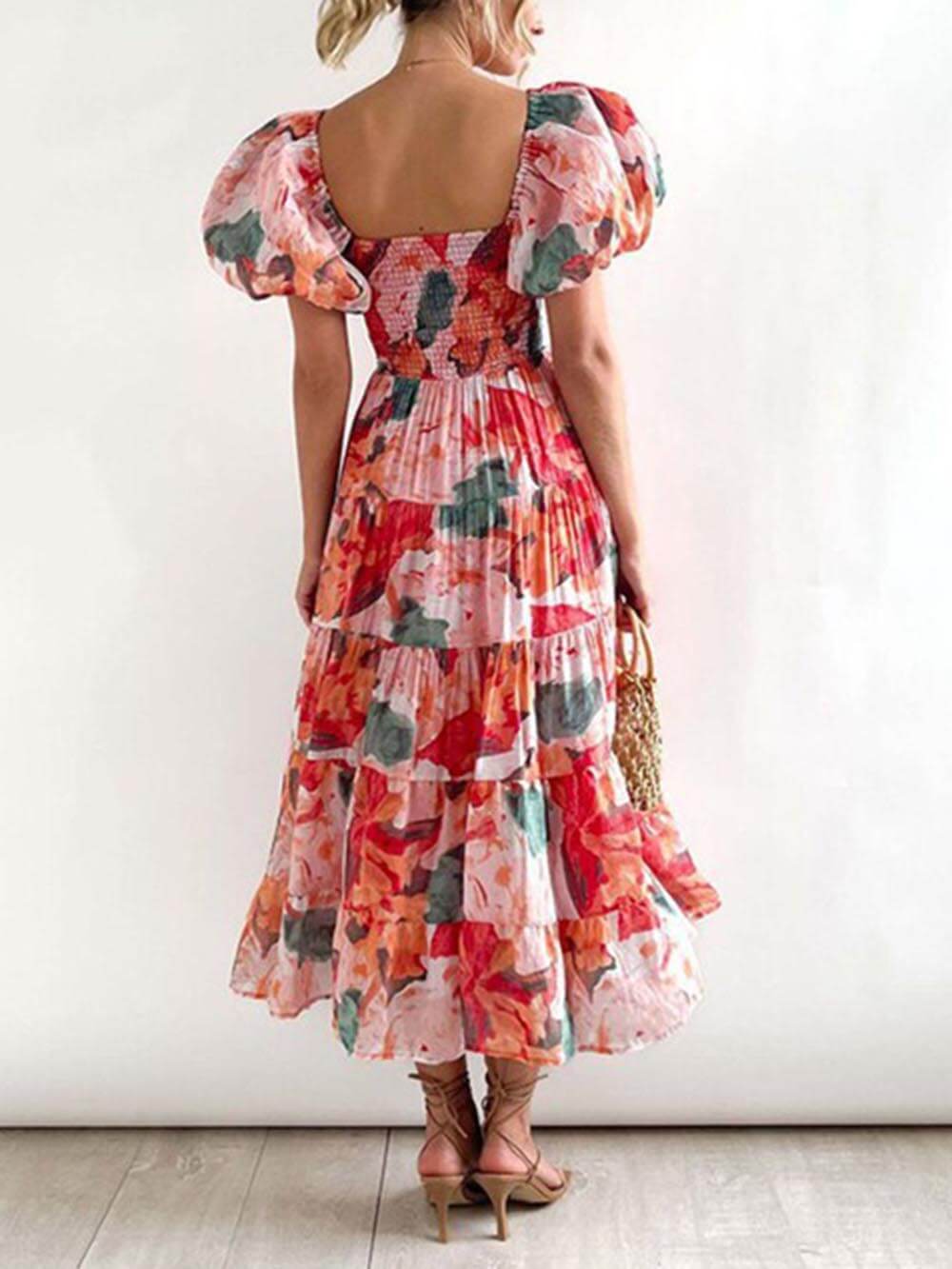 Floral Printed Smocked Tiered Fit-and-Flare Midi Dress